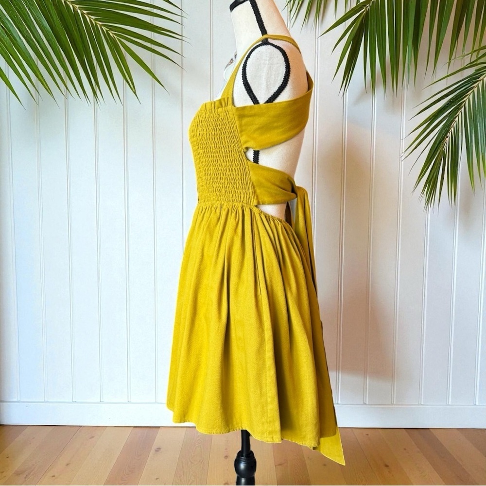 MIOU MUSE Mustard Yellow Linen Blend Crisscross Open Back Dress – Size M - Picture 6 of 16